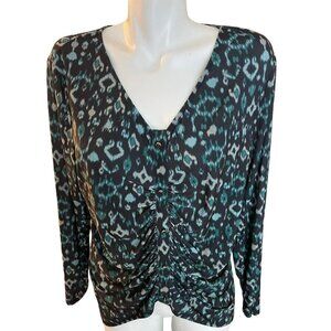 INC International Concepts Top Women's PXL Teal Ikat Ruched Front Faux Buttons